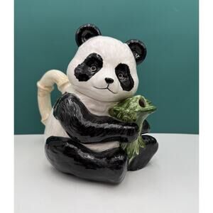 Vintage 7" Ceramic Panda Tea Pot Bamboo Spout 1990s Applause Whimsical EUC‎